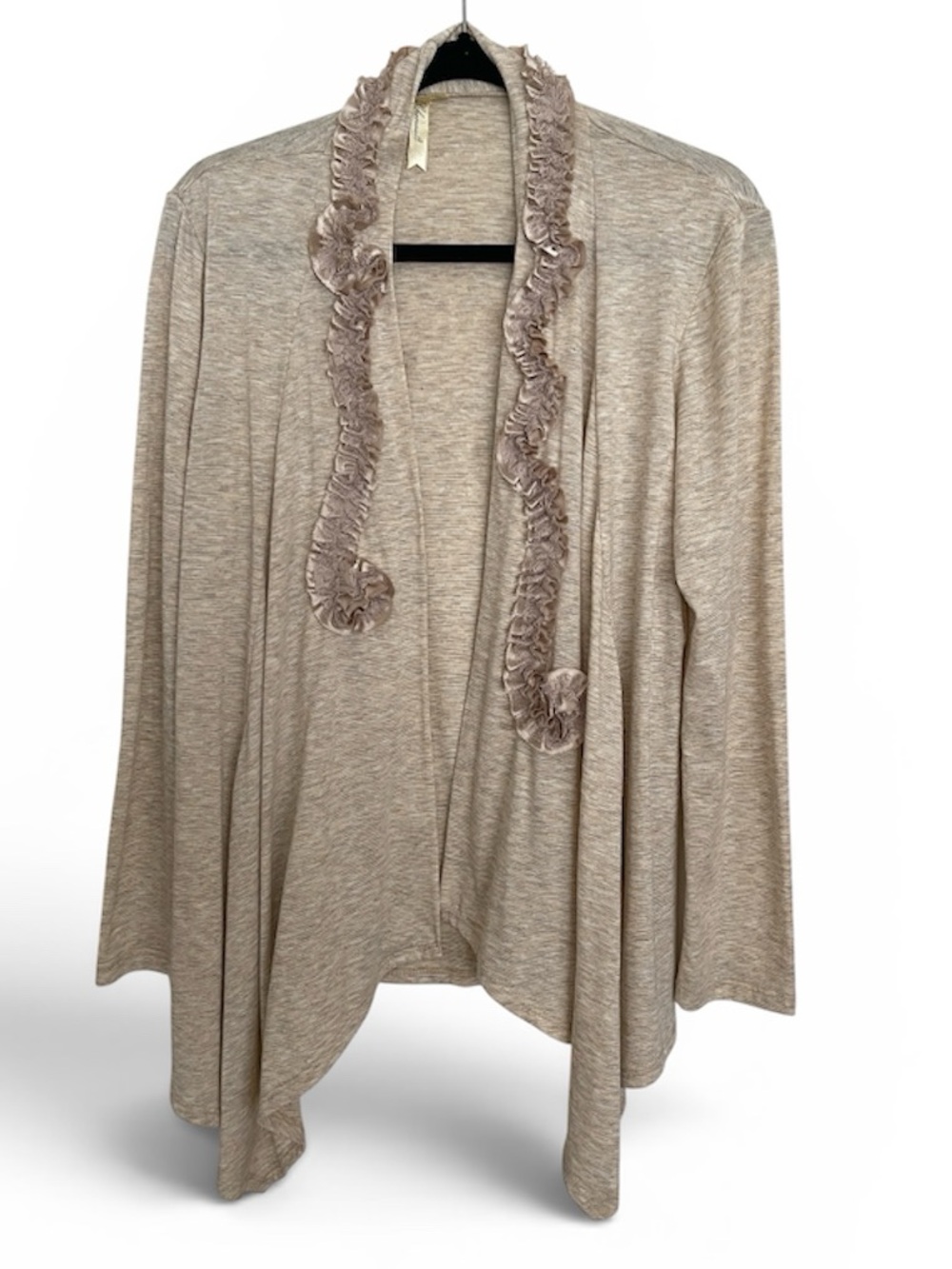 NWOT Vintage Chenault Beige Ruffle-Trim Open Cardigan